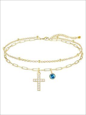 14K Gold Plated Birthstone Cross Bracelet Delicate Faith Jewelry
